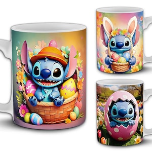 Stitch-Oster-Tassendesigns im 312 ml-Format. 5 süße und farbenfrohe PNG-Sublimations-Wraps im Paket. 3D-Eierkorb, Frühlingsblumen. Ostertasse als Geschenk und Dekoration