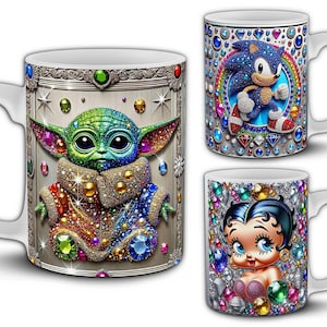 Luxury Jeweled 3D Mug Wraps - 50 Gem Character PNG Bundle - Bling Superhero Princess Gamer Designs - Diamond-like 11oz Sublimation Templates