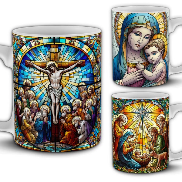 100 Christian Catholic Stained Glass Mug Design Bundle. 11oz Mug Sublimation Designs. Colorful PNG Mug Wraps. Preview Mockups Included.