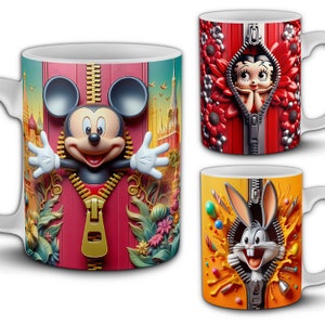 20 3D Cartoon Zipper Mug Design Bundle. 11oz PNG Sublimation Pack. Mug Wraps. Mickey, Minnie, Spiderman, Kitty, Bunny, Boop. Preview Mockups