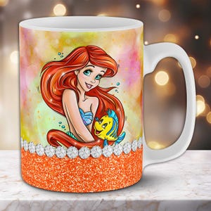 Ariel Mug Designs - Glitter Watercolor Princess 11oz & 15oz Wraps - Little Mermaid Sublimation PNG - Underwater Ocean Cartoon POD Templates