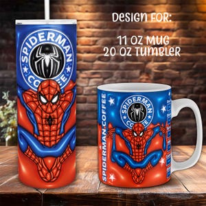 スパイダーマンのマグカップとタンブラーのデザイン。 3D 膨張スーパーヒーロー コーヒー 11 オンス マグと 20 オンスのスキニー タンブラー PNG 昇華ラップ。モックアップが含まれています