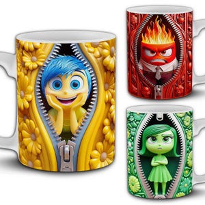 3D Cartoon Emotions 11oz Mug Design Bundle. 9 PNG Sublimation Mug Wraps. Inside Out Zipper Style Digital Templates. Includes Mockups.