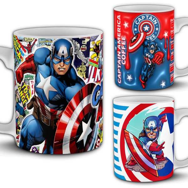 30 Captain America Mug Design Bundle. Superhero 11oz Mug Sublimation Designs. PNG Mug Wraps. Preview Mockups Included. 3D, Comics, 2D styles