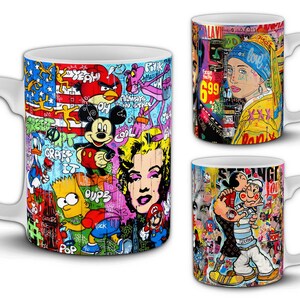 8 Pop Culture Collage 11oz Mokontwerpen. Iconische klassieke tekenfilm- en muziekartiest PNG-sublimatiewraps-bundel. Straatkunst en schilderstijl