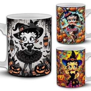 Halloween Betty Boop Mug Designs - Devil Witch Vampire Elvira Costume 11oz Wraps - 14 Spooky Betty Sublimation PNG Bundle - Cartoon Template
