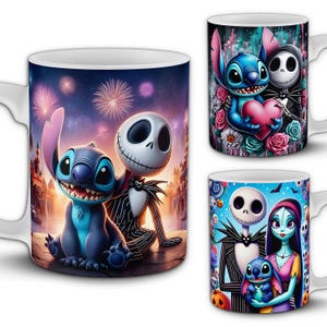 Jack Skellington & Stitch Mug Designs - 5 Nightmare Before Christmas and Lilo PNG Wraps - 11oz Sublimation Bundle - Cute Spooky Halloween