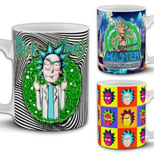 Rick Morty Cartoon 11oz Mug Designs. 16 Sci-fi PNG Sublimation Wraps Bundle. Funny Science Humor, Sarcastic Rick Mashups, Little Mortys.