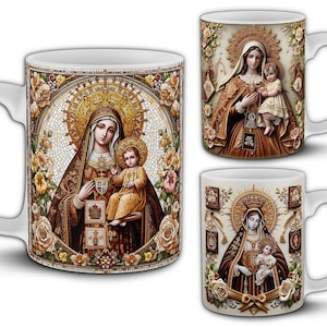 Virgen del Carmen Mug Designs - Our Lady Of Mount Carmel 11oz Wraps - 10 Virgin Mary Sublimation PNG Bundle - Catholic Art Cup Templates