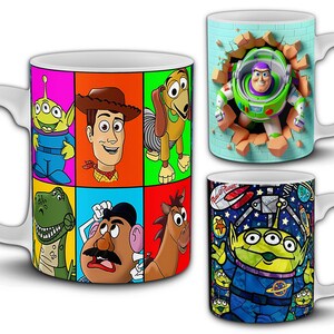 34 Cartoon Toy 11oz Mug Designs. PNG Sublimation Wraps Bundle. Sheriff Woody, Buzz, Jessie, Rex, Bullseye Story Templates. Includes Mockups.