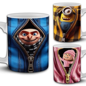 3D Despicable Cartoon 11oz Mug Design Bundle. 20 PNG Sublimation Mug Wraps. Zipper Style Animation Mug Templates. Minions. Mockups Included.