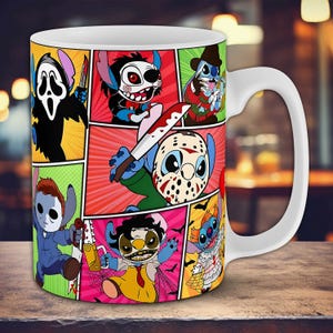 Stitch Horror Mashup Mokontwerp - Stitch als Jason, Ghostface, Pennywise Sublimatie PNG - 11oz & 15oz Cartoon Horror Beker Wraps in Stripstijl
