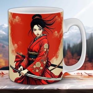 Warrior Geisha Mug Designs - Japanese Woman in Red Kimono w/ Sword PNG - Japanese Culture 11oz 15oz Sublimation Wraps - Anime & Samurai Fans