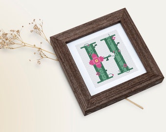 Monogram floral letter H cross stitch alphabet patterns - DIY gift idea - Counted cross stitch pattern by CROSS & STITCH