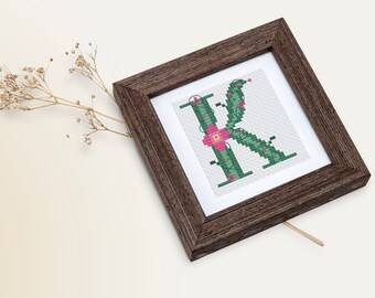 Floral letter K initial cross stitch pattern, Counted cross stitch alphabet patterns by CROSS & STITCH