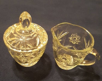 Vintage Cut Glass 3 Piece Set, Sugar Bowl with Lid and Creamer  Mid Century  1960s