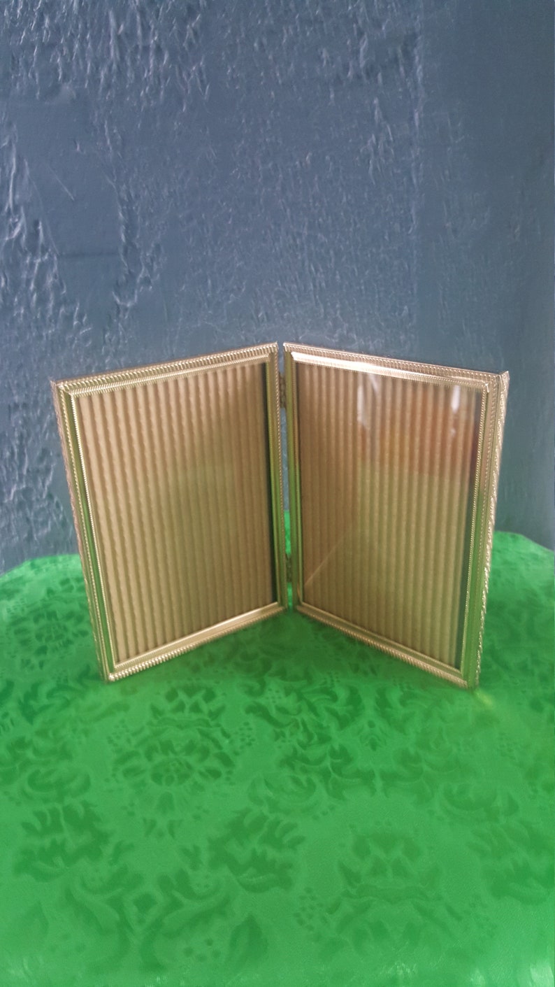 Vintage 5x7 Gold Brass HINGED PicturePHOTO Frame Bi-Fold Frame Tabletop Frame Wedding Frame