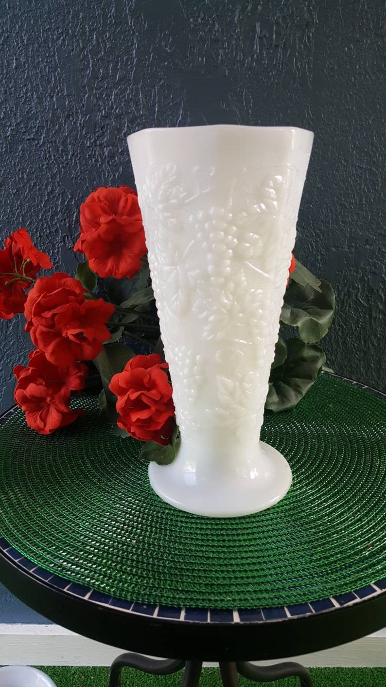 Vintage Tall Milk Glass Vase Grape Pattern Etsy