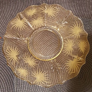 May include: A clear glass serving dish with a scalloped edge and a delicate etched design of palm trees. The dish has a gold rim and is perfect for serving snacks or desserts.