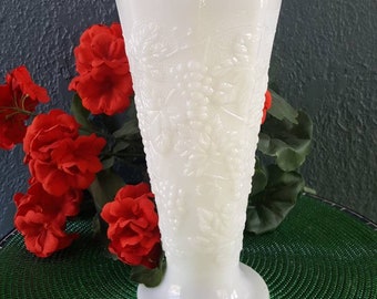 Vintage Tall Milk Glass Vase Grape Pattern