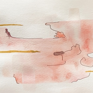 Puede incluir: Pintura abstracta de acuarela con tonos rosados y dorados. La pintura presenta líneas y formas delicadas, creando una sensación de movimiento y flujo.