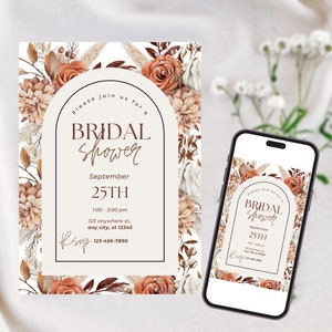 Editable Bridal Shower Digital Invitation Template Boho Floral Watercolor Bridal Shower Invitation Fall Minimalist Bridal Shower Invite image 1