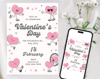 Cute Retro Valentines day Party Invitation | Digital Invitation | Editable Invitation Template | Phone Invitation | Valentine Invite