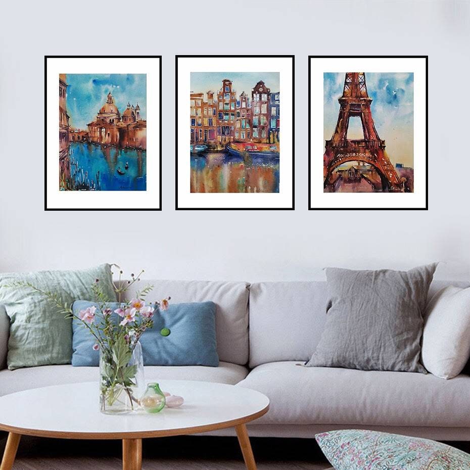 Set of 3 Europe city prints Watercolor prints Europe cities Etsy