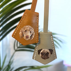 Étiquette de sac à main peinte à la main, breloque portrait en cuir pour animal de compagnie, cadeau personnalisé pour animal de compagnie, breloque de sac à main, breloque pour bagage, breloque chien, cadeau commémoratif pour animal de compagnie