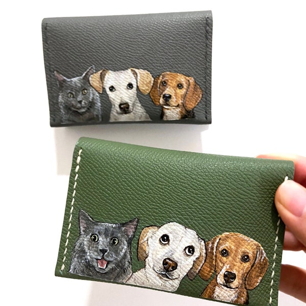 Personalized Leather cardholder, Hand painted pet portrait on leather wallet, Epsom leather card holder wallet, Dog wallet