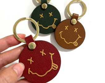 Red Smiley Leather Keychain, Hand painted keyring, Painted leather, Smiley keyring, Saffiano leather keychain