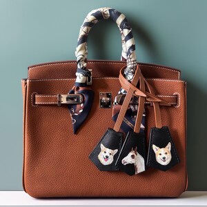 May include: A brown leather handbag with a textured surface, featuring silver-tone metal hardware, a patterned silk scarf wrapped around the handle, and three black leather charms depicting two corgi faces and one horse head illustration.