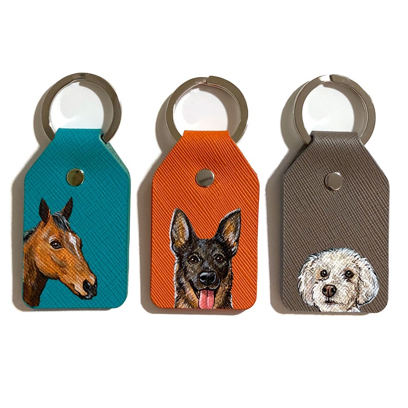 Custom Dog Keychain, Hand painted pet portrait, Peekaboo Pet, Pet Painting, Leather Keychain, Keyring, Pet Art, Cat Portrait, Pet Portrait image 1