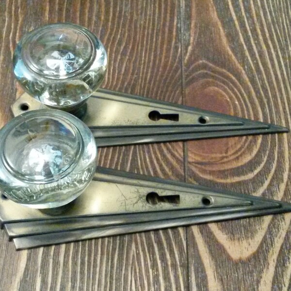 Antique Glass Dummy Door Knobs, Tall Round Glass on Art Deco Door Plate, Set of 2 Each, ca 1930