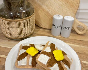 Handgemaakte vilten wafel speelvoedselset – doe alsof ontbijtspeelgoed, boter en bosbessen toppings, montessori, zacht pluche, fantasierijk cadeau voor kinderen