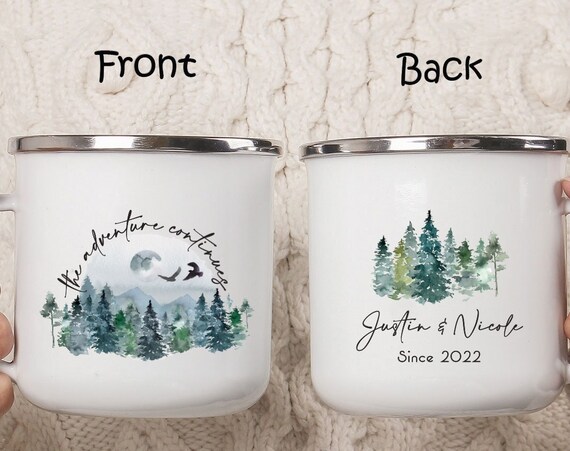 Mountain Forest Wedding Mug, Engagement Keepsake, the adventure continues, Personalized Wedding Guest Gift, Bridesmaid Proposal Cup H045