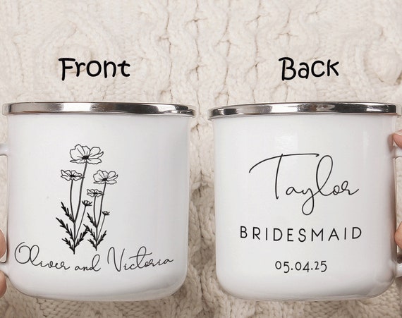 Bridesmaid Camping Mug Cup, Wedding, Bride tribe, Bridal Shower, Maid Of Honor Proposal, Birth Month Flower, Personalized Gift Box Idea H010