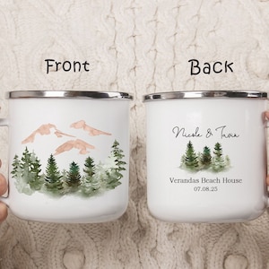 Personalized Wedding Guest Gift, Mountain Forest Camping Mug, Engagement Anniversary Bridal Shower Gift, Custom Couple Camping Mug H071