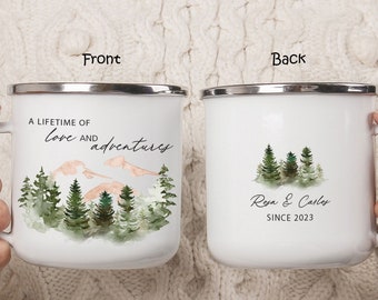 custom paper hot cups Personalized Mountain Camping Mug, Couple Adventure Coffee Cup, Engagement Announcement Anniversary Gift, Wedding Guest Keepsake Favor H113