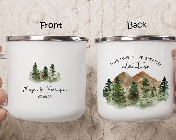 True love is the greatest adventure, Personalized Engagement Anniversary Gift, Funny Couple Camping Mug, Mountain Wedding Guest Gift H078