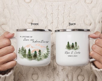 Personalized Mountain Camping Mug, Couple Adventure Coffee Cup, Engagement Announcement Anniversary Gift, Wedding Guest Keepsake Favor H113