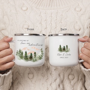 Personalized Mountain Camping Mug, Couple Adventure Coffee Cup, Engagement Announcement Anniversary Gift, Wedding Guest Keepsake Favor H113