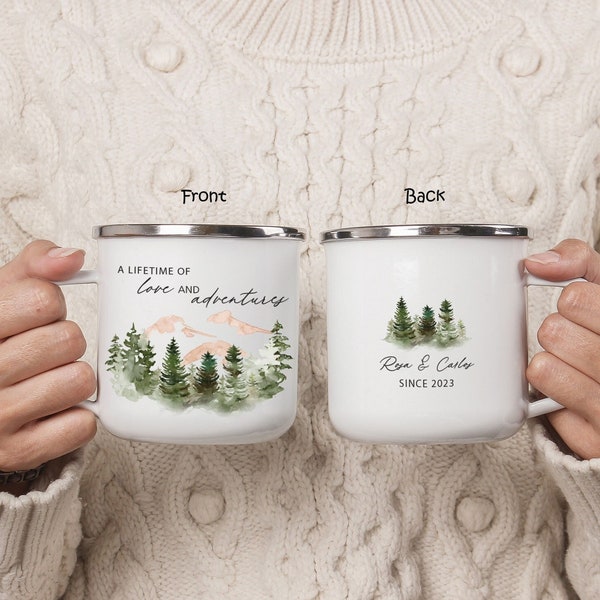 Personalized Mountain Camping Mug, Couple Adventure Coffee Cup, Engagement Announcement Anniversary Gift, Wedding Guest Keepsake Favor H113