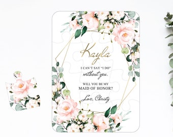 Bridesmaid Proposal Puzzle Card, Will You Be My Flower Girl Maid of Honor, Bridal Party Gift Box Idea, Peach Blush Gold Green Wedding Z019