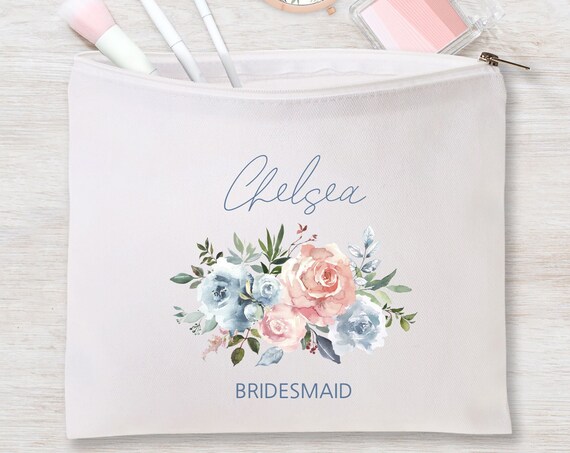 Bridesmaid Makeup Bag, Will You Be My Maid of Honor, Mom Teacher Friend Birthday Mom, Large Pouch, Dusty Blue Personalized gift pouch P163
