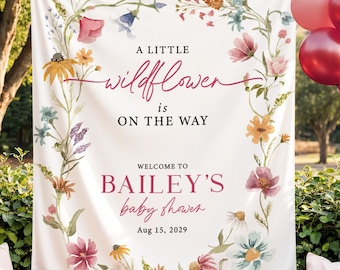 Wildflower Baby Shower Tapestry, Boho Floral Backdrop, Personalized Baby Girl Banner