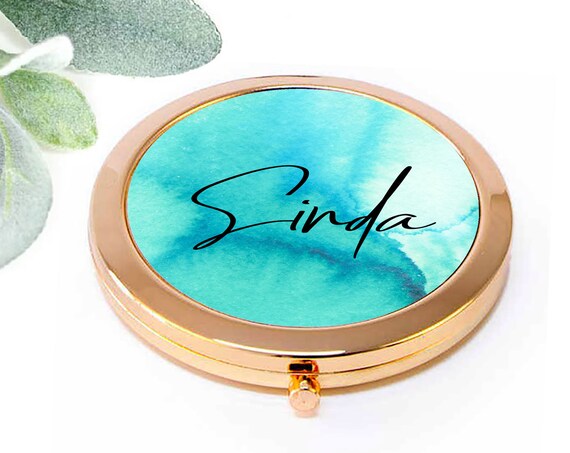 Watercolor Sky Blue Personalized Compact Mirror, Bridesmaid Gift, Maid of Honor Bridal Party Proposal Gift, Birthday, Pocket Mirror M050