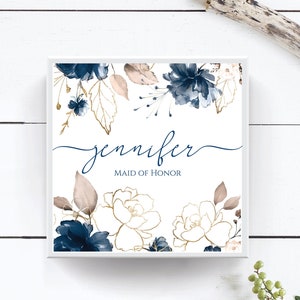 Personalized Bridesmaid Box with Name, Bachelorette Wedding Bridal Shower Party, Maid of Honor proposal Gift, Navy Blue Empty Box B227