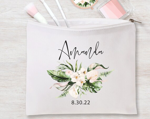 Tropical Blush Makeup Bag, Bridesmaid Maid of Honor Gift, Mom, Teacher, Wedding, Best Friend, Personalized gifts, Large Cosmetic Bag P151
