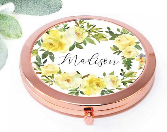 Light Yellow Bridesmaid Proposal Gift, Personalized Compact Mirror, Maid of Honor Bridal Gift, Wedding favor Box Idea, Pocket Mirror M155